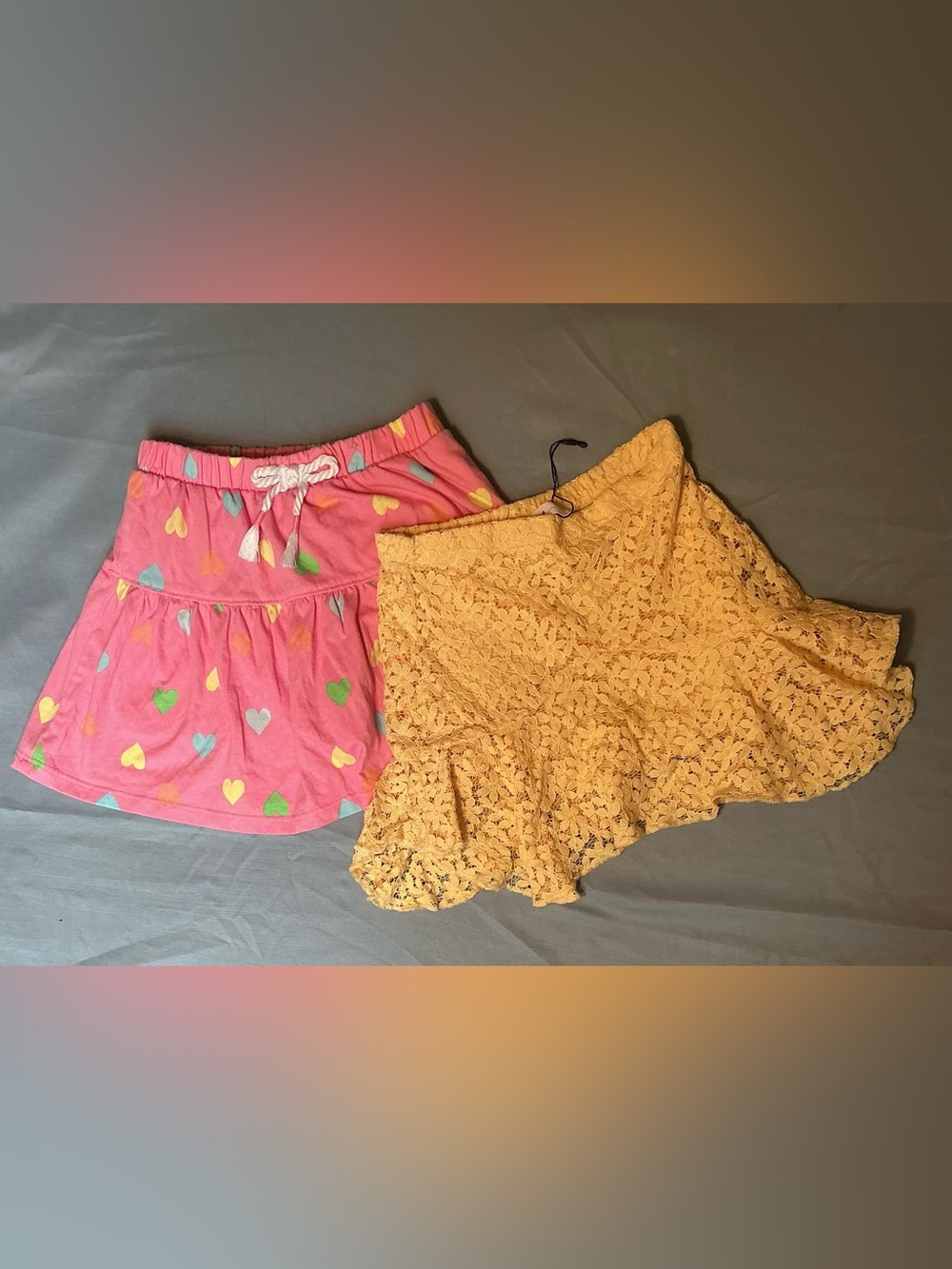 Girls Pink Heart Print Skirt & Mustard Lace Ruffle Skirt - Set of 2